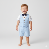 D06902B: Baby Boys Shirt With Mock Waistcoat, Bow Tie & Chambray Shorts Outfit (2-5 Years)